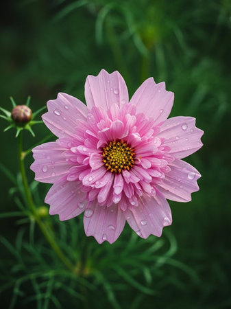 Pink cosmos flower with water drops on petals and green leaves background