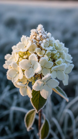 White hydrangea flowers covered with hoarfrost at sunrise
