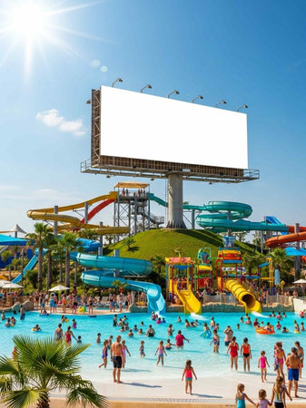 Tropical water park with swimming pool and huge blank billboard for your advertisement