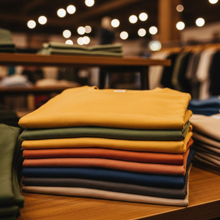 Stack of colorful clothes on the shelf in the store. Shopping concept