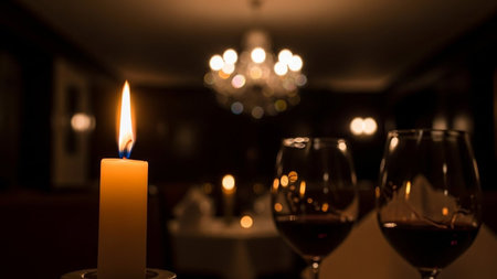 Candle in a restaurant with a glass of red wine in the foregroundの写真素材