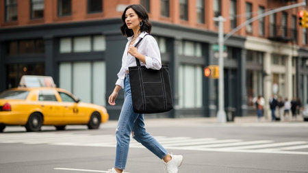 beautiful young woman with handbag walking on the street in cityの写真素材