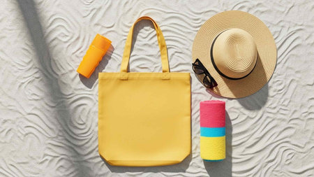Beach bag, straw hat, sunglasses and sunscreen on white backgroundの写真素材