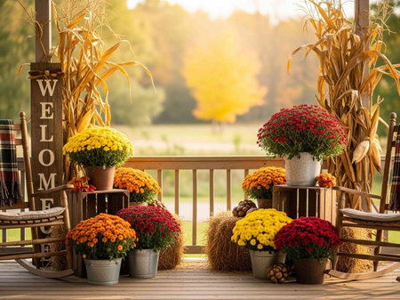 Colorful autumn flowers in flowerpots on the terrace of a country houseの写真素材