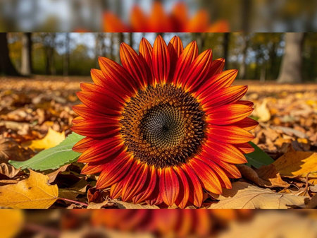 Close up of a sunflower with autumn leaves in the background.の写真素材