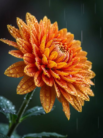 Orange chrysanthemum flower with raindrops on petalsの写真素材