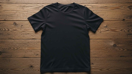 Black t-shirt on wooden background. T-shirt mock upの写真素材