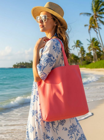 Beautiful young woman in hat and sunglasses with pink handbag on tropical beachの写真素材