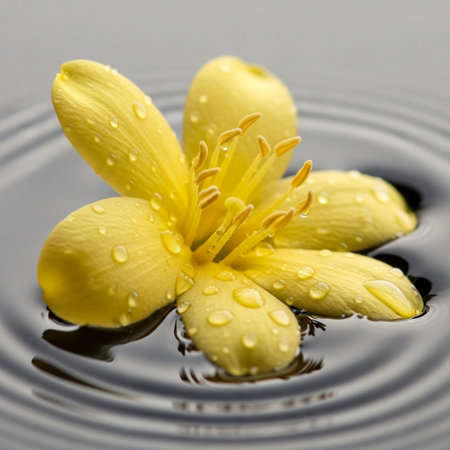 Yellow flower with water drops on the surface of rippled waterの写真素材