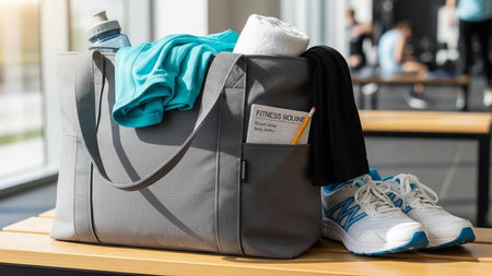 Luggage with clothes and shoes in the gym. Lifestyle concept.