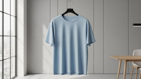 Blank blue t-shirt hanging on a hanger, mock up, 3D renderingの写真素材