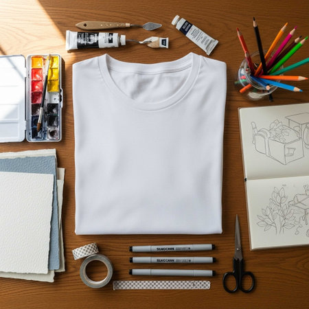 top view of blank t-shirt, stationery and pencils on wooden tableの写真素材