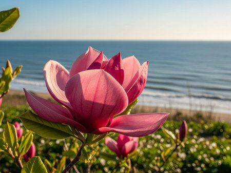 Magnolia flower blossom on the background of the sea and skyの写真素材