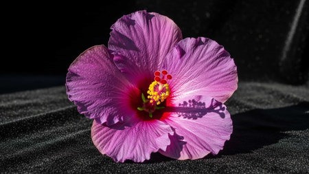 Beautiful pink hibiscus flower on a black background.の写真素材