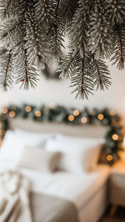 Christmas tree branches with bokeh lights in the bedroom. Christmas backgroundの写真素材