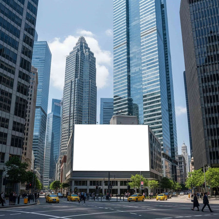 Blank billboard in the city with modern skyscrapers background.の写真素材