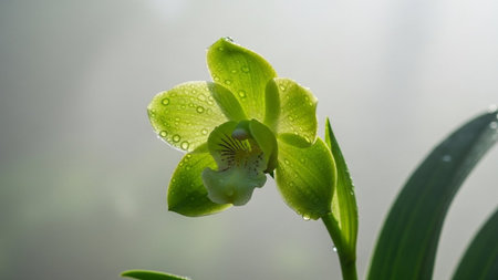 Beautiful green orchid with dew drops on the petalsの写真素材