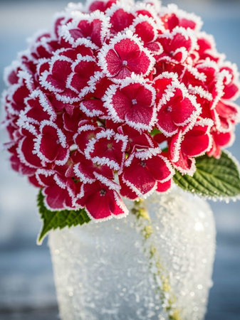 Red hydrangea in a glass vase covered with hoarfrostの写真素材