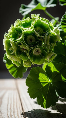 Geranium Pelargonium Flowers on a Wooden Table with Copy Spaceの写真素材