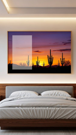 Interior of a modern bedroom with a double bed and cactusの写真素材
