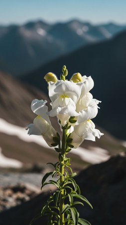 White snapdragon flowers on the background of mountains. Russia, Altai mountains.の写真素材