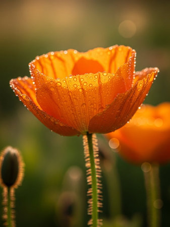 Beautiful orange poppies with dew drops on the petalsの写真素材