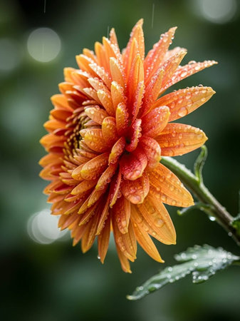 Close up of orange chrysanthemum flower with rain dropsの写真素材