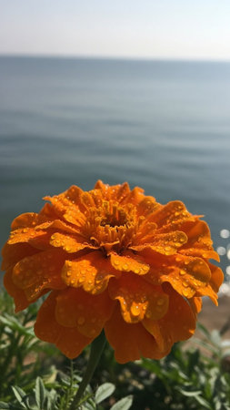 Marigold flower with water drops on the background of the seaの写真素材
