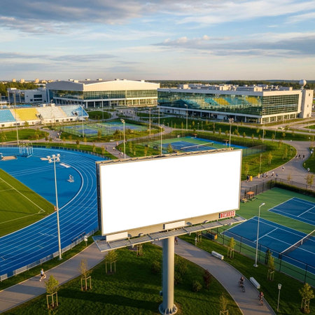 Aerial view of large blank billboard on soccer field. Outdoor advertising concept.の写真素材