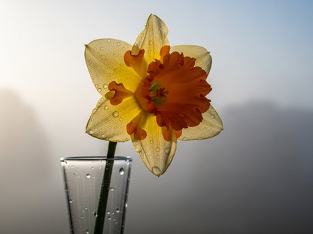 Daffodil flower in a glass vase with water dropsの写真素材