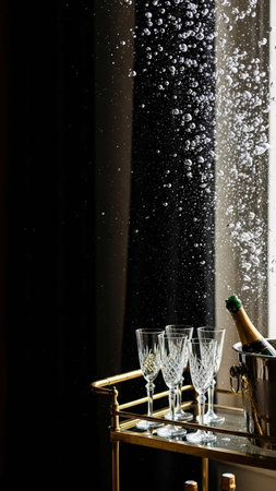 Champagne bottle in a bucket and glasses on the bar counter with splashesの写真素材