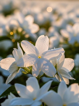 Beautiful white jasmine flower with water drops in the morningの写真素材