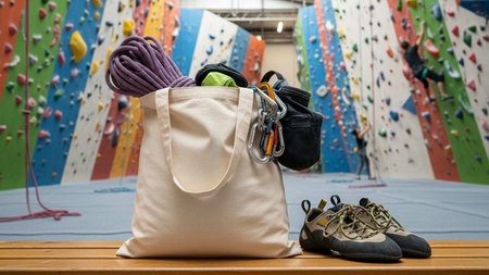 climbing equipment in a climbing gym on a wall background.の写真素材