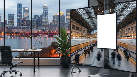 Blank billboard in modern office interior with panoramic city view. Mock up. 3D Rendering