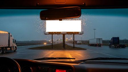 Blank billboard on the road with cars in the background at night