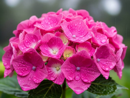 Beautiful pink hydrangea flowers with raindrops in the garden