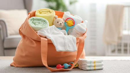 Bag with baby clothes and accessories on floor in room, closeup