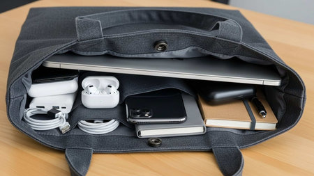 Close-up view of backpack with different gadgets on wooden table.