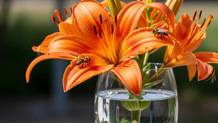 Orange lily in a glass vase and a bee on it
