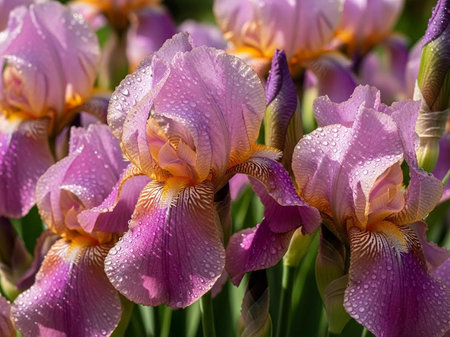 Purple iris flowers with dew drops on petals.の写真素材