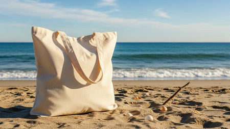 Beach bag on the sand with seashells in the backgroundの写真素材