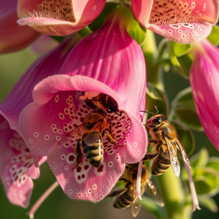 Close up of bees collecting pollen from a pink flower.の写真素材