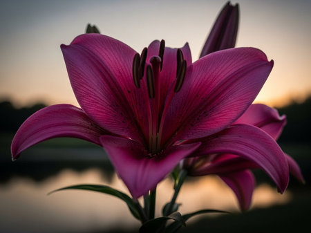 Beautiful pink lily flower in the garden at sunset time.の写真素材