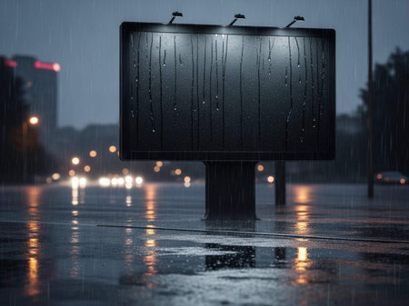 Blank billboard in the rain at night. 3d rendering.の写真素材