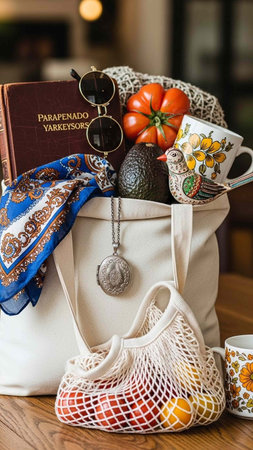 Cup of coffee, book and fruits in bag on wooden tableの写真素材