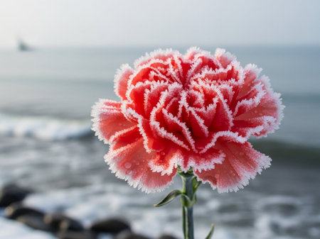 Frosted red carnation flower on the background of the seaの写真素材