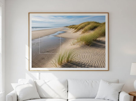Interior design, mock up poster frame, 3D render of a modern living room with a beach view