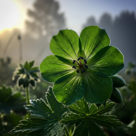 Green geranium flower with dew drops in the morning light.の写真素材
