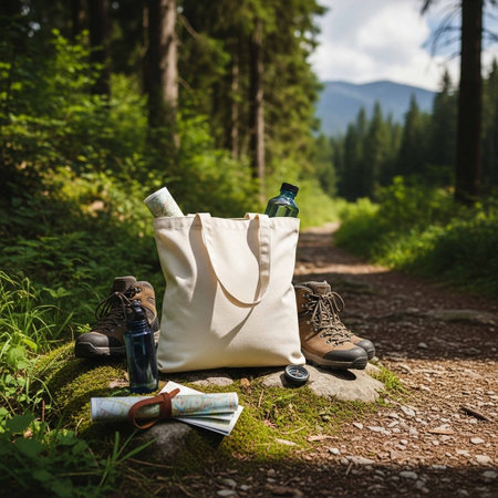 Tourist bag, trekking boots, map and water bottle in forestの写真素材