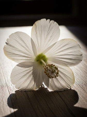 White Hibiscus flower on a wooden table in the sunlight.の写真素材